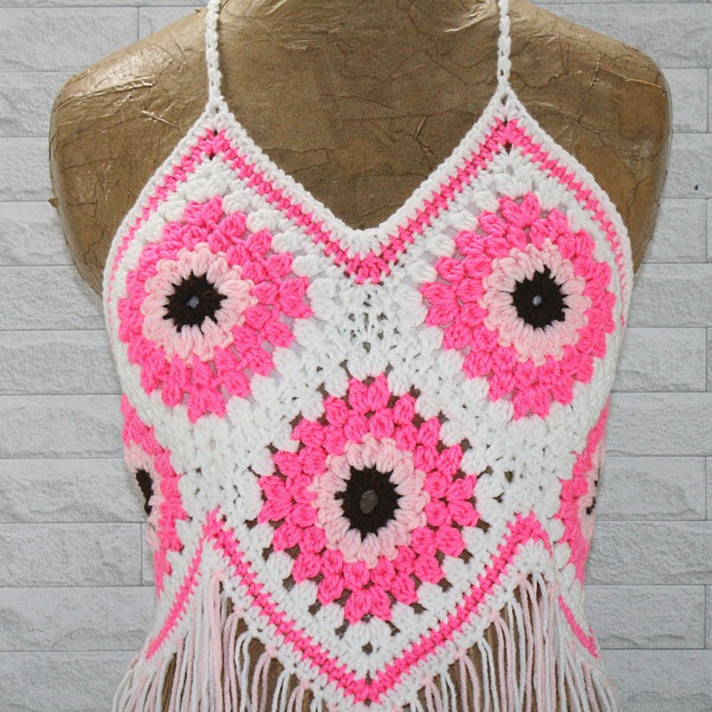 HAND CRAFTED Crop Top Sunflower Crochet Fringe Granny Square Pink Various - Picture 2 of 16